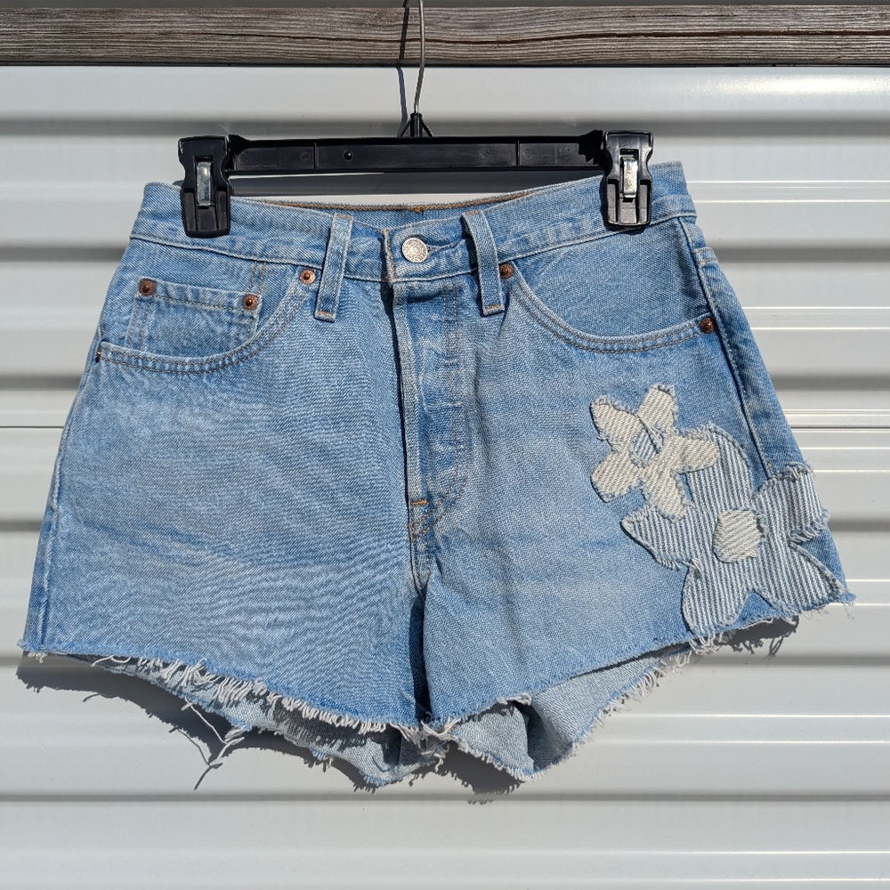 Levi's 501 High Rise Raw Hem Jean Shorts With Boho Flower Patchwork